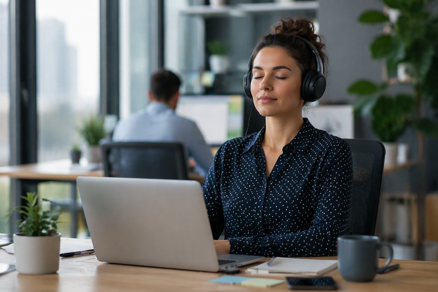 lady sitting at workstation with eyes closed meditating.