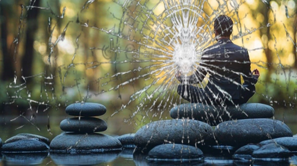 Traditional meditation image viewed through a shattered lens, representing the need to rethink how mindfulness is presented in modern life