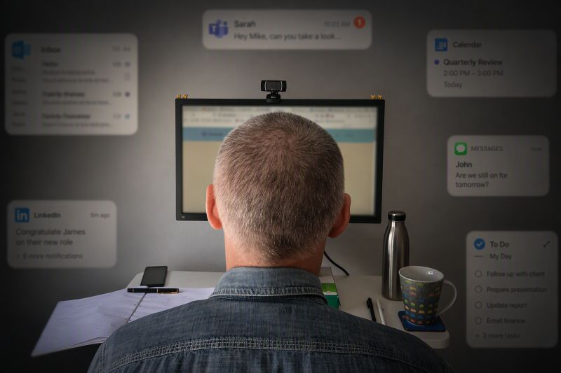 Person at a desk surrounded by work notifications, representing distraction and awareness at work
